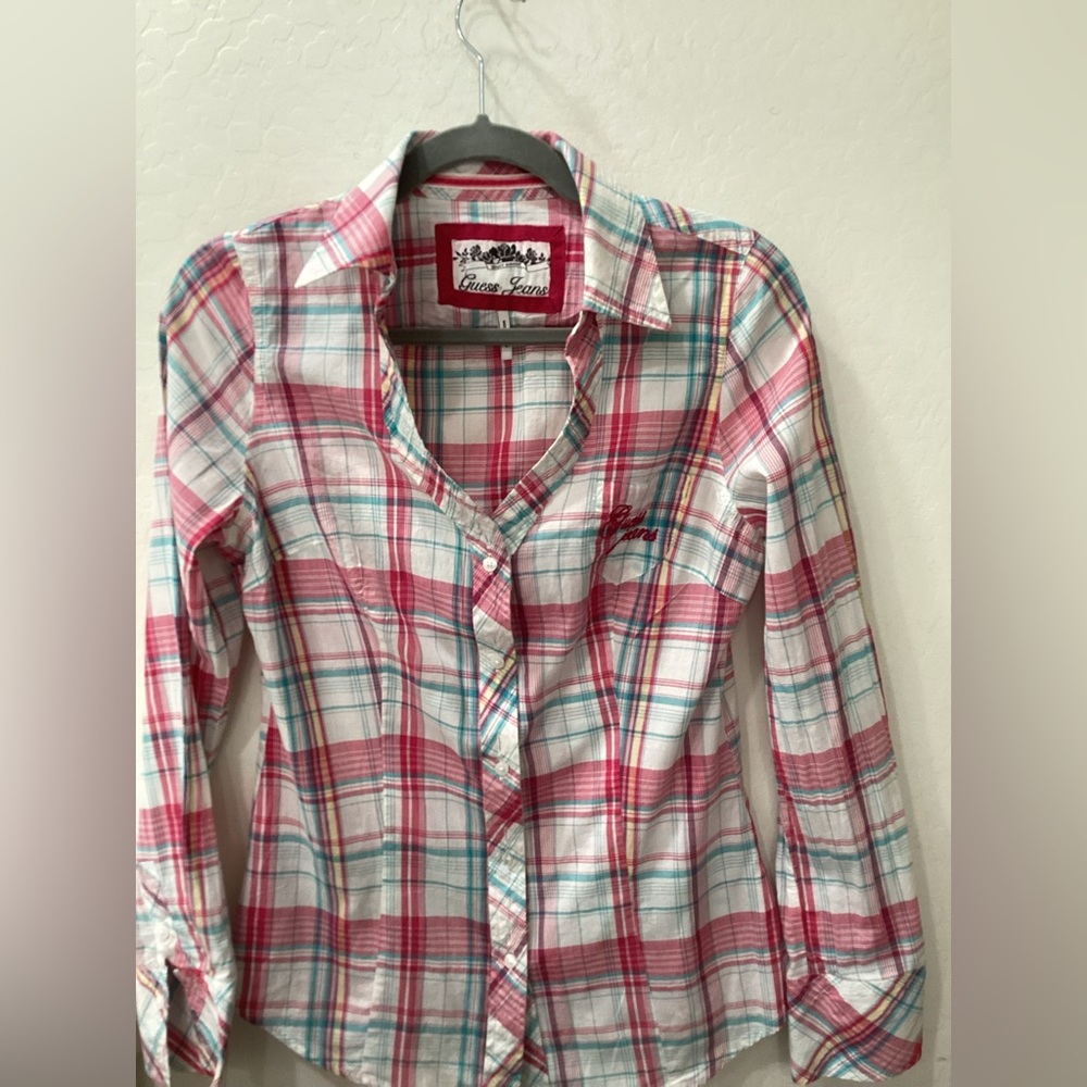 Guess Pink and Blue Plaid Button Down Shirt
